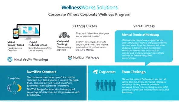 A professional digital infographic displaying WellnessWorks Solutions' corporate wellness program features, including virtual fitness classes, mental health workshops, nutrition seminars, and team challenges, with corporate logos and employee testimonials showcasing the positive impact of the programs on workplace wellness and productivity.