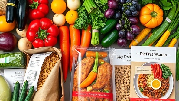 A colorful array of fresh ingredients neatly arranged in meal kit packages, with vibrant vegetables, herbs, and spices, alongside recipe cards featuring mouth-watering dishes, creating an appetizing and convenient cooking experience at home.
