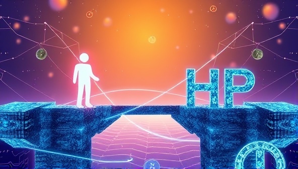 An artistic representation of blockchain blocks forming a bridge between an influencer and a brand, symbolizing the secure and transparent payment process facilitated by Chainfluence Pay, with digital currencies flowing between the two parties.