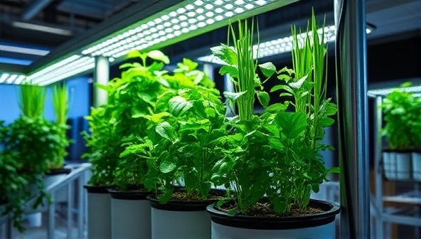 A modern, urban farm setup showcasing lush green plants growing vertically in a sleek, high-tech hydroponic system under soft LED lighting, symbolizing innovation and sustainability.