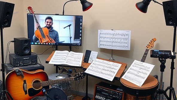 A virtual music lesson setup featuring a student and instructor interacting through video call, with musical instruments, sheet music, and audio equipment visible in the background, creating a dynamic and immersive learning environment for aspiring musicians to master their craft.