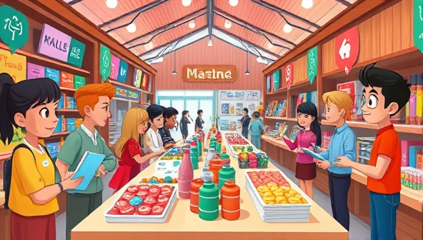 A vibrant virtual marketplace scene with colorful icons representing various skills and services being exchanged between animated characters, conveying a sense of collaboration and diversity in learning.