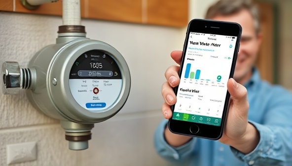 An image of a smart water meter connected to a smartphone app, displaying real-time water usage data and conservation tips, with a happy homeowner adjusting their water consumption based on the insights provided.