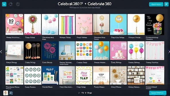 An array of virtual party decorations and interactive elements displayed on a digital platform, showcasing the variety and customization options available for hosting virtual parties with Celebrate360.