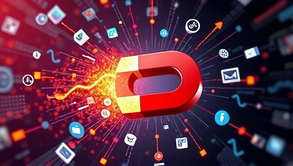 A dynamic visualization of data streams and content marketing elements converging into a magnet, symbolizing the powerful attraction and optimization capabilities of DataMagnetize's content automation tool for subscribers.
