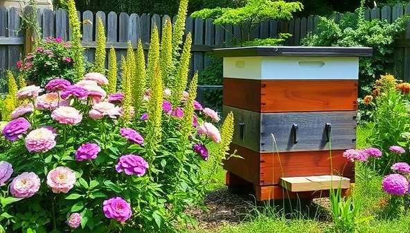A serene backyard garden with a buzzing beehive surrounded by blooming flowers and lush greenery, showcasing the harmony between bees and nature, and the potential for homegrown honey production.