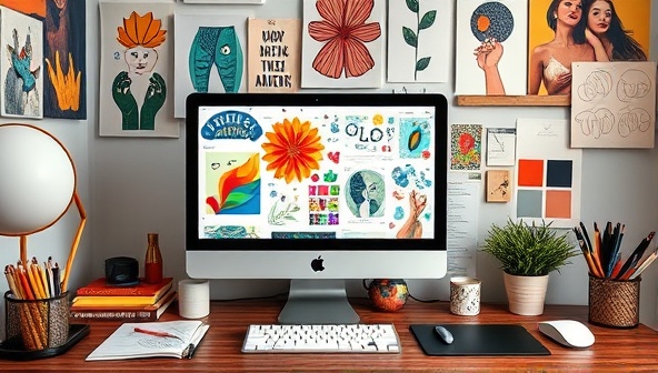 An artistic digital workspace featuring a designer's computer screen displaying colorful illustrations, design sketches, and creative tools, surrounded by inspiring art prints and a mood board, showcasing the essence of digital creativity.