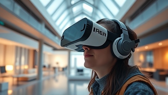 An individual wearing a VR headset, exploring a virtual architectural space with detailed interiors and interactive elements, showcasing the immersive experience and futuristic approach to architectural visualization.