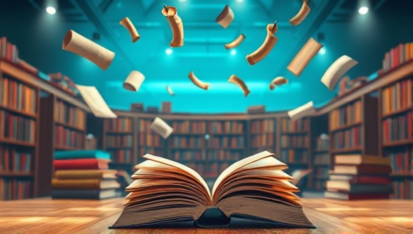 An artistic depiction of a virtual library setting with floating books, pens, and scrolls, symbolizing creativity and imagination in the world of writing at WordCrafters Studio.