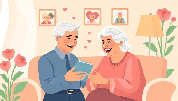 An illustration of a virtual companion engaging in a video call with an elderly individual, sharing stories and laughter, surrounded by images of joyful memories and comforting visuals, promoting companionship and care for seniors.