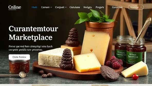 An enticing online marketplace homepage featuring a variety of artisanal foods like gourmet cheeses, handmade chocolates, and small-batch preserves, displayed in an elegant and appetizing arrangement, evoking a sense of culinary delight and discovery.