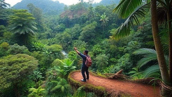 A breathtaking image of a traveler immersed in a lush rainforest, surrounded by diverse wildlife, while engaging with a local indigenous community, capturing the essence of sustainable eco-adventure travel.