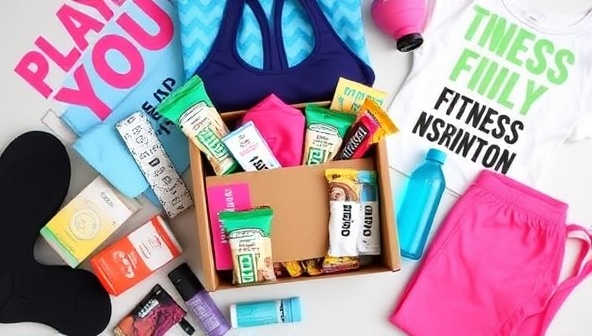 An aesthetically pleasing flat lay of a fitness subscription box filled with colorful workout gear, protein bars, water bottles, and motivational fitness quotes, creating an enticing and aspirational visual for potential subscribers.