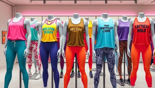 An array of vibrant and stylish workout apparel pieces featuring customizable design options such as color gradients, bold motivational quotes, and unique patterns, all displayed on mannequins in a modern and sleek activewear store setting.