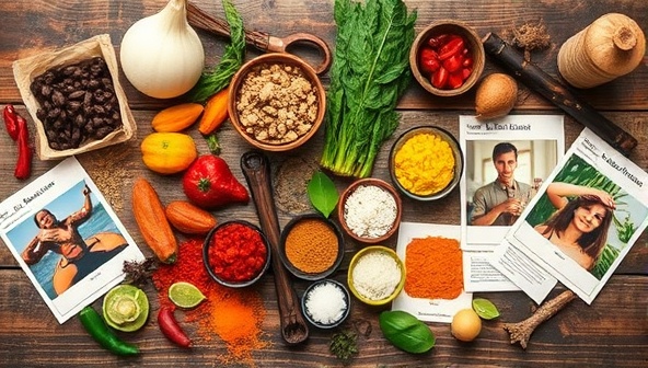An enticing culinary spread of vibrant spices, exotic ingredients, and recipe cards from different countries arranged on a rustic wooden table, evoking a sense of culinary exploration and cultural immersion with Global Taste Travels.