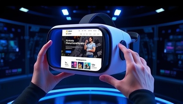 An immersive VR headset displaying a 3D website prototype floating in a virtual space, with a user interacting with elements using hand gestures, illustrating the innovative and futuristic approach of VR WebScape Studio.