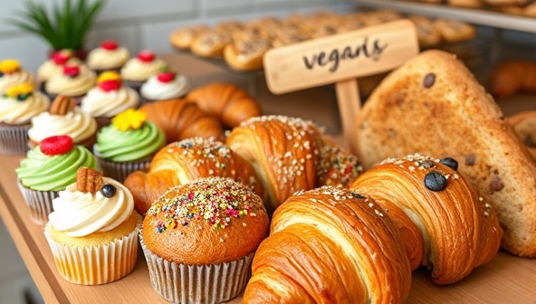 A delightful display of plant-based pastries and desserts, showcasing colorful cupcakes, flaky croissants, and artisanal bread, all made from locally sourced organic ingredients, reflecting a commitment to sustainability and delicious vegan indulgences.