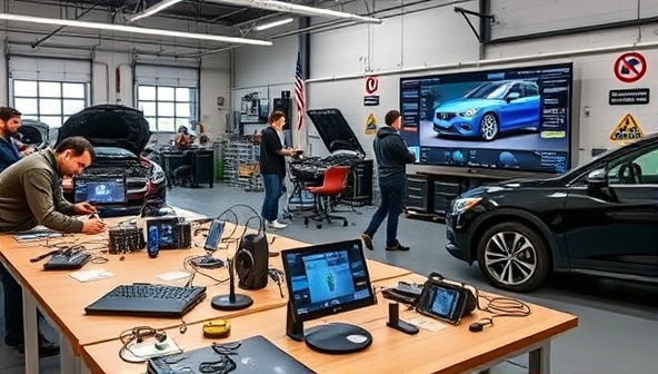 An interactive workshop setting with people working on cars, high-tech gadgets displayed on tables, and a large digital screen showing a live car diagnostic session, capturing the essence of innovation and hands-on learning.