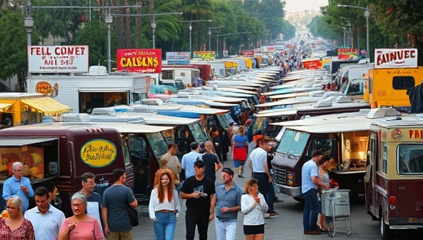 A bustling food truck rally scene featuring a variety of gourmet food trucks parked in a row, with colorful signage, bustling crowds, and chefs preparing delicious dishes, creating a vibrant and lively street food atmosphere, capturing the essence of StreetEats Artisans.