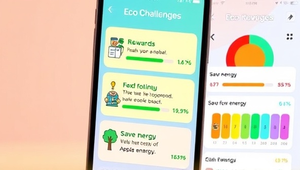 A colorful and interactive mobile screen displaying various eco-challenges, rewards, and progress bars, encouraging users to participate and save energy in a fun and engaging way.