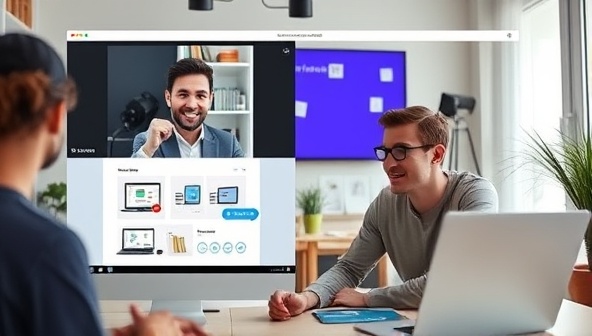 An online video call scene where a designer and a client are engaged in a web design consultation, with design mockups and digital tools visible on the screen, creating a professional and collaborative atmosphere in the virtual meeting space of DesignSphere.