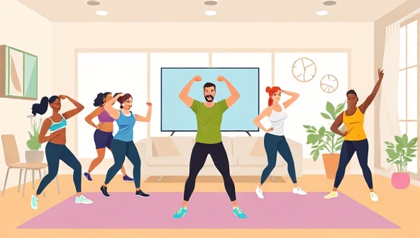 An energizing and dynamic virtual workout session illustration featuring diverse participants engaging in various exercises, led by a motivational fitness instructor on the FitFlex platform, showcasing the inclusivity and effectiveness of home workouts.