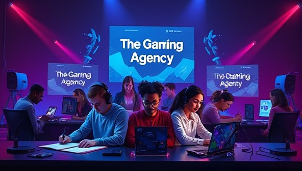 An engaging visual featuring a diverse group of gaming creators signing contracts with the talent agency, attending virtual workshops, and collaborating on content projects, symbolizing growth, support, and success in the competitive world of gaming content creation.