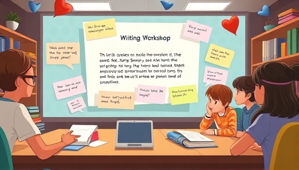 An animated digital interface showing users interacting with a virtual writing workshop, with colorful writing prompts floating around, and collaborative story-building elements visible, fostering a sense of community and creativity.