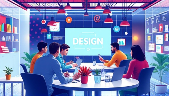 An artistic portrayal of a virtual design forum where designers engage in vibrant discussions, share design projects, and provide constructive feedback to one another, creating a dynamic and collaborative space for design improvement and community interaction in the web design industry.