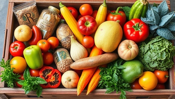 A colorful and vibrant image of a variety of fresh fruits, vegetables, and artisanal products arranged in a rustic wooden crate, symbolizing freshness and local sourcing.