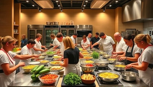 An interactive cooking studio bustling with activity, featuring customers immersed in culinary creations, chefs providing guidance, and a vibrant atmosphere filled with aromas and excitement, igniting a passion for cooking and culinary exploration.