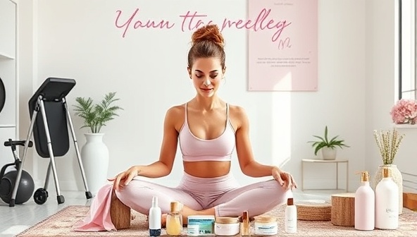 A virtual beauty fitness coaching session with a certified coach guiding a client through a workout routine, skincare regimen, and mindfulness exercises, surrounded by fitness equipment, beauty products, and positive affirmations, promoting a balanced and healthy approach to beauty and wellness.