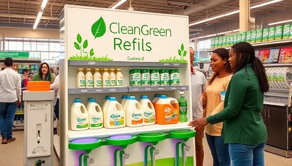 An image of a colorful refill station in a store with CleanGreen Refills branding, various eco-friendly detergent options, and customers refilling their bottles, showcasing sustainable shopping practices and environmental consciousness.