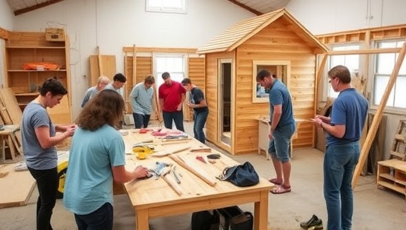 A workshop setting with participants engaged in hands-on construction activities, using tools and materials to build tiny house structures under the guidance of experienced instructors, capturing the collaborative and educational atmosphere of TinyCraft Build School workshops.