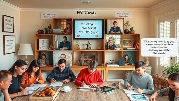 An online platform showcasing a virtual writing retreat setup with multiple participants engaged in a live writing session, surrounded by inspirational quotes, cozy writing spaces, and virtual chat bubbles reflecting constructive feedback and encouragement, capturing the essence of community and creativity at WriteAway Haven.