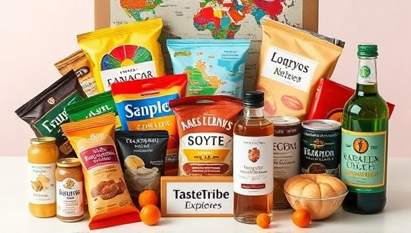 An assortment of colorful international snacks and beverages arranged in a decorative box, accompanied by a virtual tasting guide showcasing the cultural origins and flavor profiles of each item, inviting customers to embark on a culinary journey with TasteTribe Explorer's subscription service.