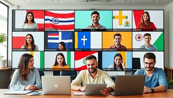 A vibrant and diverse virtual classroom setting with students of different nationalities engaging in language lessons through video conferencing, portraying a dynamic and interactive learning environment.