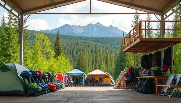 An outdoor gear rental station set against a backdrop of lush green forests and mountain peaks, featuring rows of eco-friendly camping gear, backpacks, and hiking essentials neatly displayed under a canopy, inviting adventurers to gear up sustainably for their next outdoor escapade.