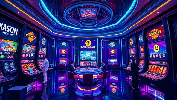An immersive casino lobby in a digital world with futuristic elements, where players can navigate through different crypto-themed games and interact with each other in a secure and decentralized environment, showcasing the platform's innovative approach to online gambling.