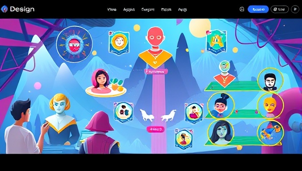 An imaginative depiction of a virtual game world with colorful avatars, design-themed quests, and badges for completing challenges, illustrating the immersive and interactive nature of the gamified web design platform.