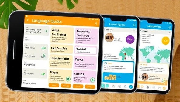 An engaging app interface displaying colorful language exercises, interactive quizzes, and cultural insights, immersing users in a dynamic language learning journey with LinguaRoam.