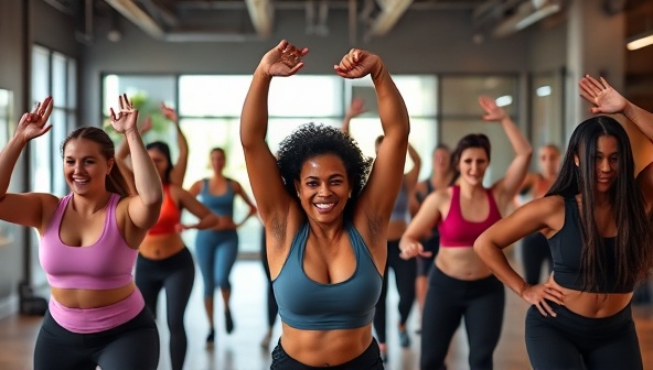 A dynamic and energetic image of a virtual fitness class in progress, featuring diverse participants following an instructor's lead in a high-energy workout session, conveying motivation, inclusivity, and fun in online fitness experiences.