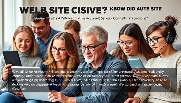 An inclusive and diverse group of individuals using various assistive technologies to access a website, highlighting the importance of accessibility and the impact on different user experiences, promoting the consultancy services of AccessiWeb Solutions.