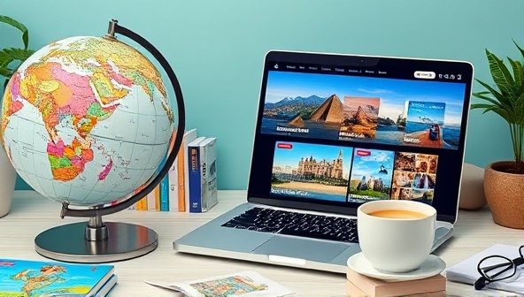 A digital workspace with a globe, travel guides, a laptop displaying exotic destinations, and a cup of coffee, capturing the essence of wanderlust and travel planning from anywhere in the world.