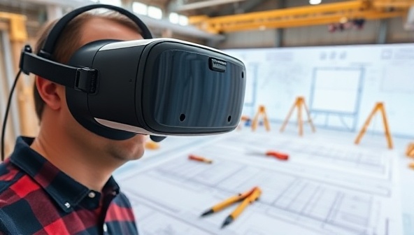 An immersive VR headset displaying a realistic construction site simulation, with virtual blueprints, tools, and construction equipment, showcasing the technology's potential for project visualization and planning.