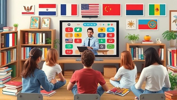 An engaging visual of a virtual language lesson in progress, with a diverse group of students interacting with a tutor on a screen, surrounded by language textbooks, flags, and cultural artifacts, conveying learning and diversity.