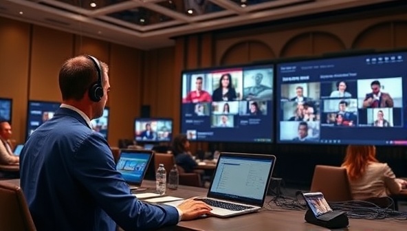 A virtual event setup featuring a professional coordinating a virtual conference, with multiple screens displaying interactive content, engaging attendees, and monitoring real-time analytics, symbolizing seamless virtual event planning and execution.