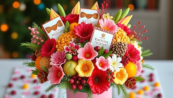 An exquisite and colorful edible bouquet from Bloom Bites, showcasing an artistic arrangement of gourmet snacks, fruits, and confections, surrounded by festive decorations and celebratory elements, evoking a sense of joy and delight in both givers and receivers of these edible works of art.