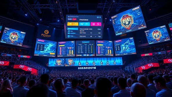 An eSports arena backdrop with digital screens displaying gaming statistics, team logos, and live odds, surrounded by an enthusiastic virtual crowd, illustrating the immersive and data-driven nature of the eSports betting prediction platform.
