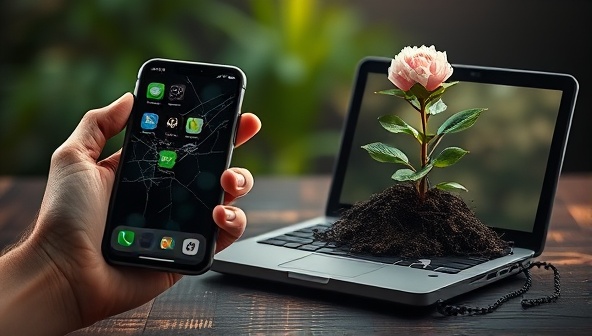An eye-catching image of a hand holding a cracked smartphone next to a blooming plant growing out of a recycled laptop, symbolizing the transformation of tech waste into new life through eco-friendly practices.
